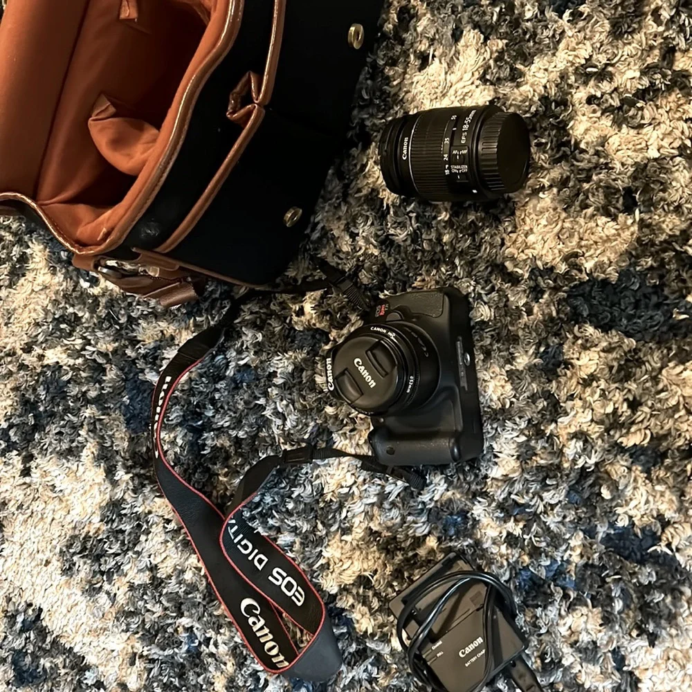 Canon Rebel TSi DSLR with two lenses and camera bag